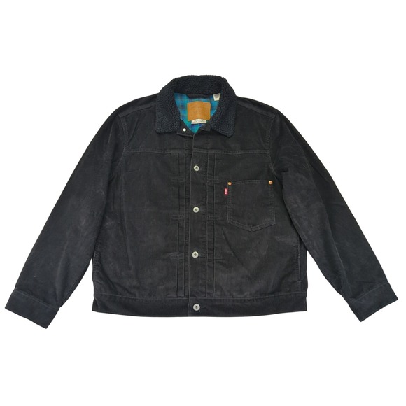 Levi's Type 2 II Mens Large Corduroy Sherpa Collar Trucker Jacket Black Plaid - Picture 1 of 9